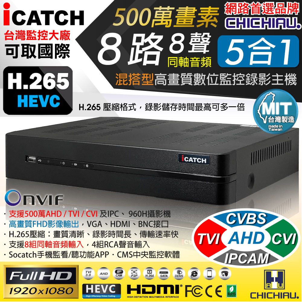 chichiau 奇巧 H.265 8路8聲同軸音頻 500萬 AHD TVI CVI 1080P台製iCATCH數位高清遠端監控錄影主機 支援5MP/4MP/1080P/720P/IPCAM/類比監視器攝影機