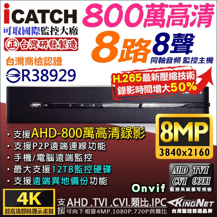 KingNet 帝網 【iCATCH】  H.265 可取 8路監控主機DVR 台灣製造  6合1 混合型 2160P 800萬  支援類比.8MP/AHD.TVI.CVI.5MP.4MP.1080P 720P/IP攝影機 監視器 DVR