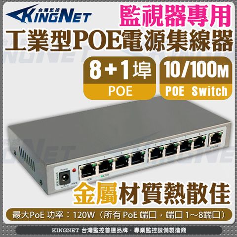 【帝網KingNet】監視器周邊 工業型 POE電源集線器 8+1埠 9埠 IEEE 802.3af 乙太網路交換器 PoE Switch 網路供電換器 PoE電源供應器 9個10/100 Mbps 自適應RJ45端口