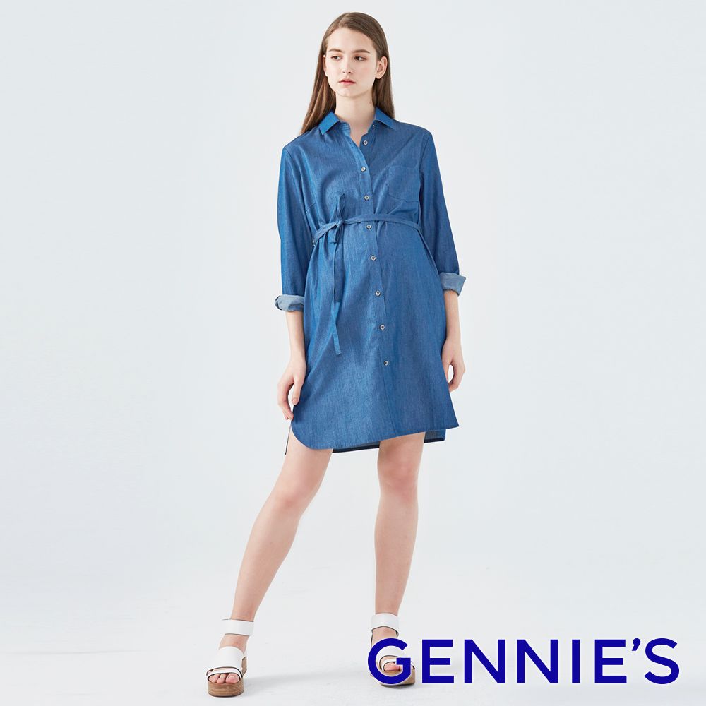 Gennies 奇妮 長版綁帶牛仔襯衫洋裝(深藍)