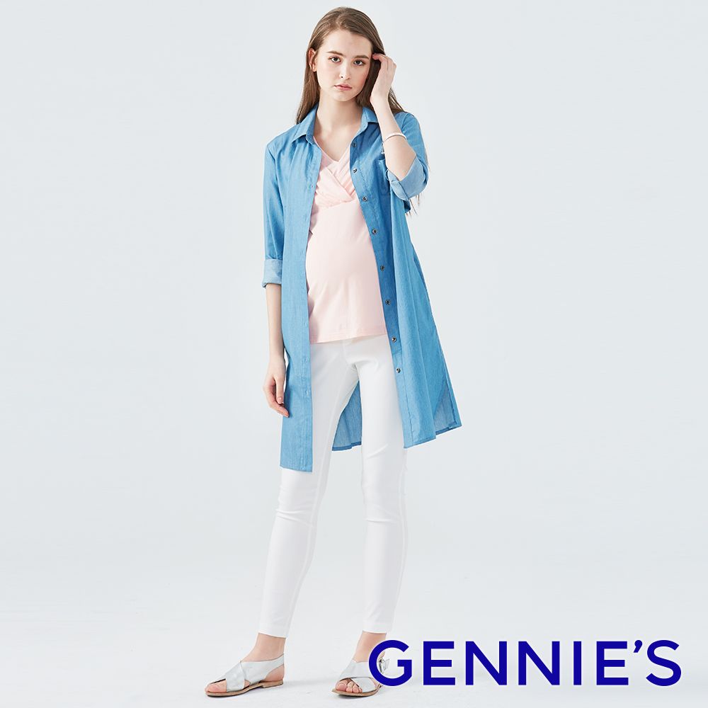 Gennies 奇妮 長版綁帶牛仔襯衫洋裝(淺藍)