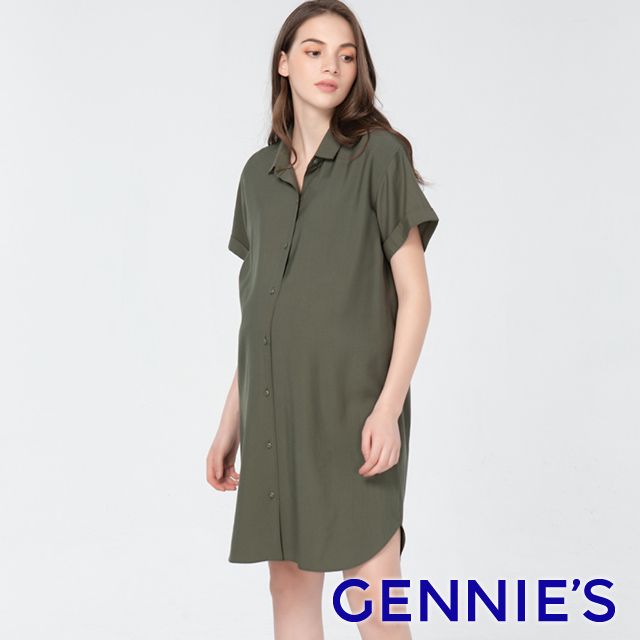 Gennies 奇妮 襯衫領率性洋裝(綠)