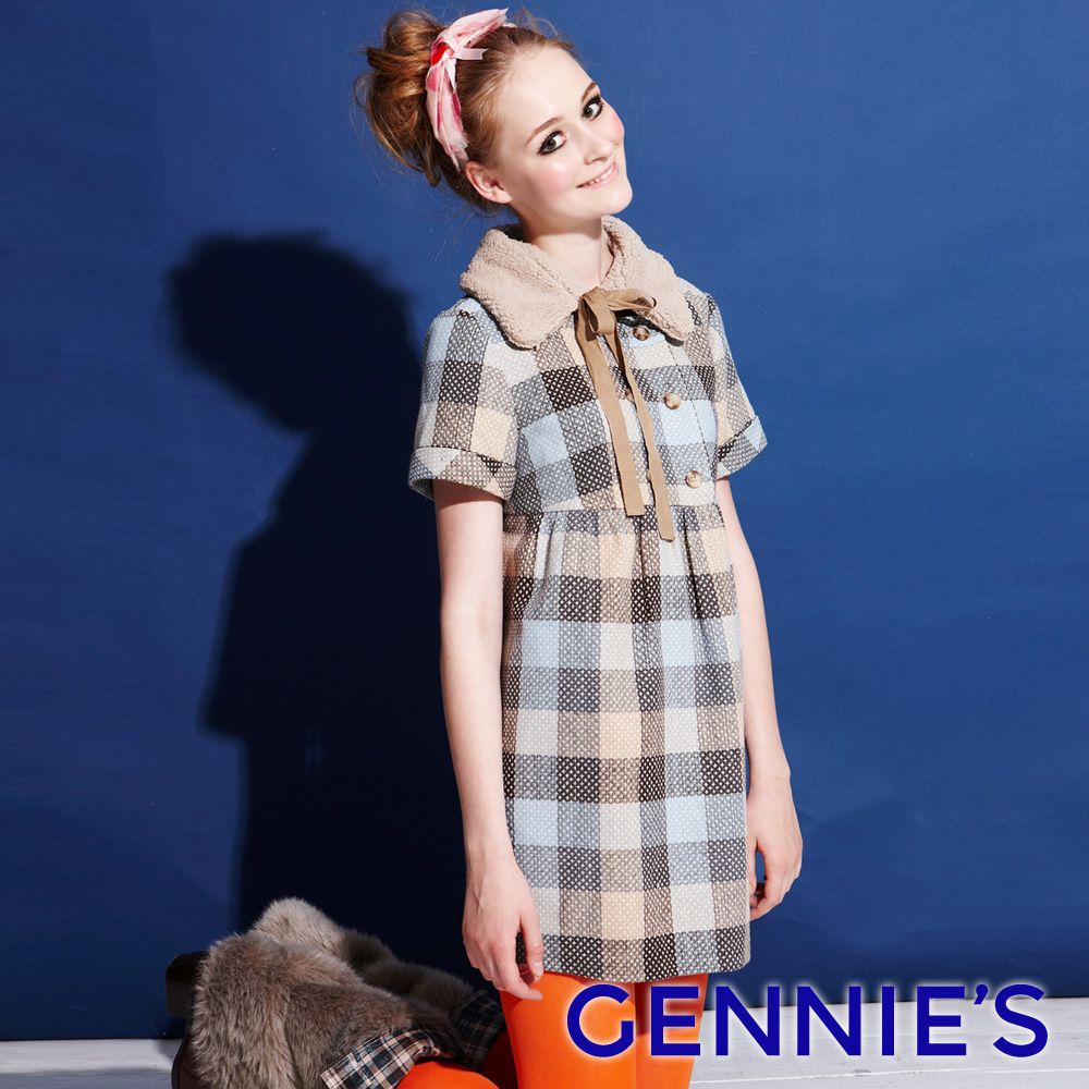 Gennies 奇妮 可愛小毛領格紋羊毛上衣(藍/紅)
