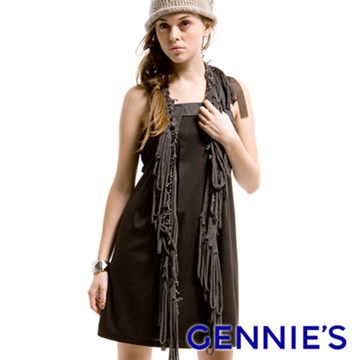 Gennies 奇妮 Feravani系列-造型皮質拼接背心洋裝-黑(C2Y15)