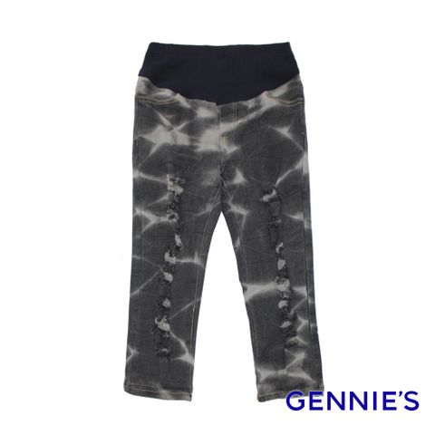 【Gennies奇妮】水洗紋刷色抓破造型七分牛仔褲(黑)