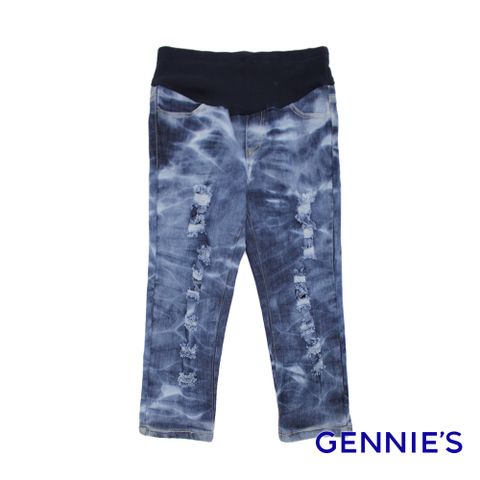 【Gennies奇妮】水洗紋刷色抓破造型七分牛仔褲(藍)