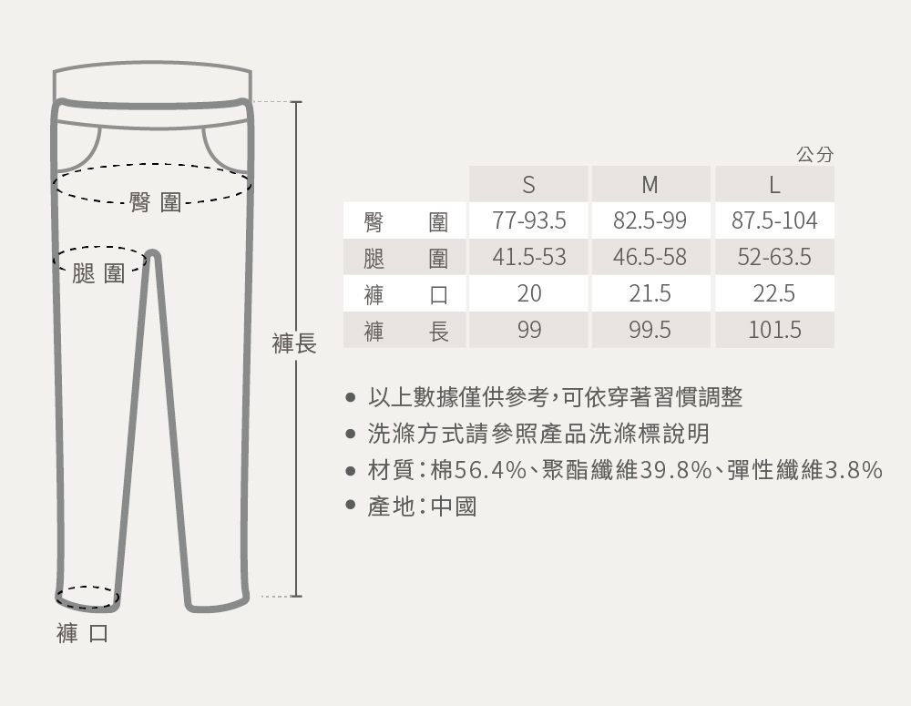 公分ML 臀77-93.582.5-9987.5-104圍41.5-5346.5-5852-63.5腿圍2021.522.5長褲 長9999.5101.5褲 以上數據僅供參考,可依穿著習慣調整 洗滌方式請參照產品洗滌標說明 材質:棉56.4%、聚酯纖維39.8%、彈性纖維3.8% 產地:中國