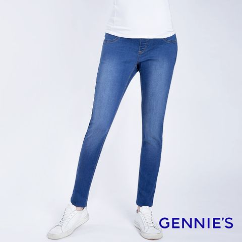 【Gennies奇妮】彈力刷色窄管牛仔褲(淺藍)