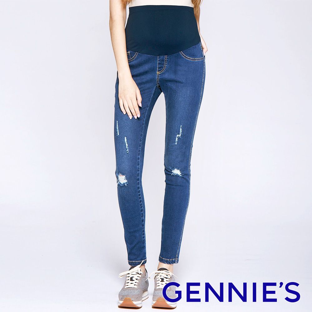 Gennies 奇妮 個性破壞感一體成型牛仔褲(藍)