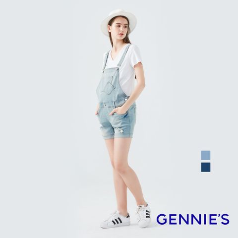 Gennies 奇妮 美式復古刷破牛仔吊帶短褲(淺藍/深藍)