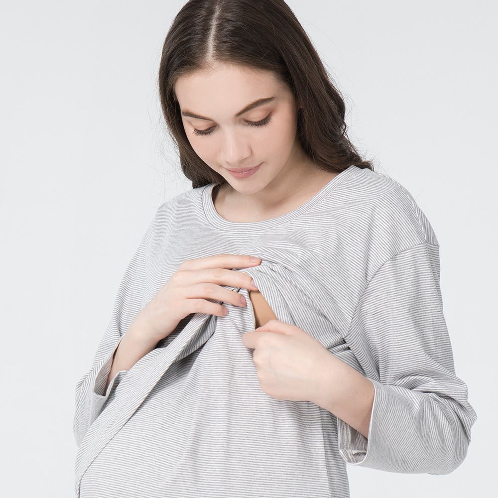 Gennies 奇妮 不對稱上掀哺乳上衣(條紋灰)