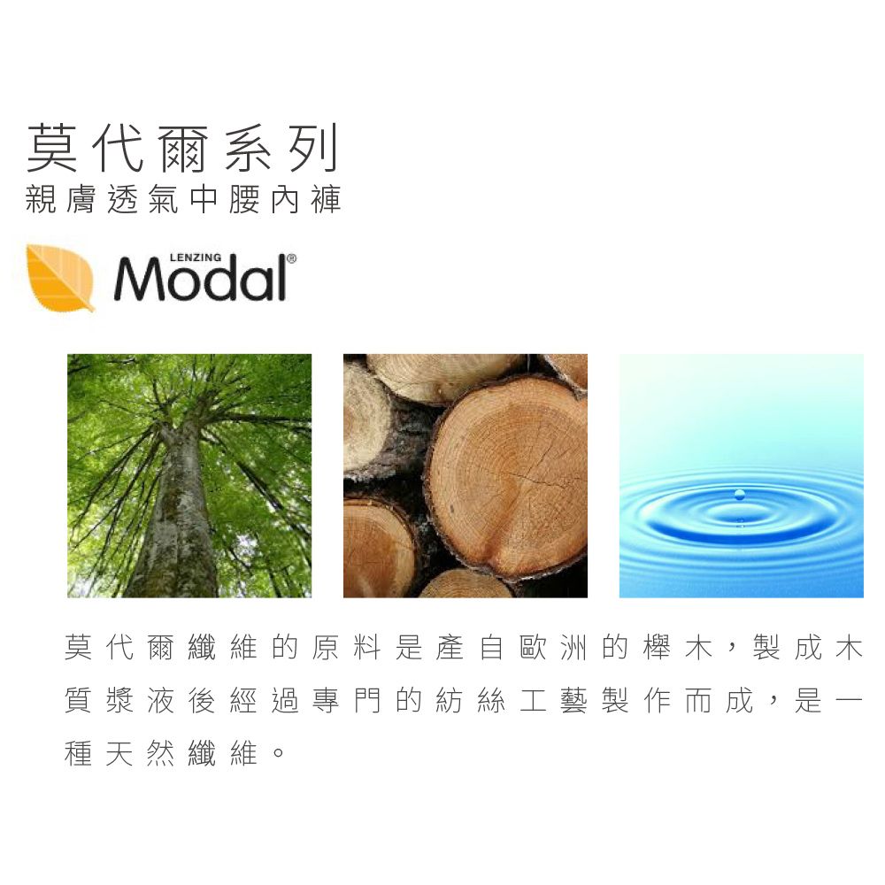 莫代爾系列親膚透氣中腰內褲LENZING莫代爾纖維的原料是產自歐洲的櫸木,製成木質漿液後經過專門的紡絲工藝製作而成,是種天然纖維。