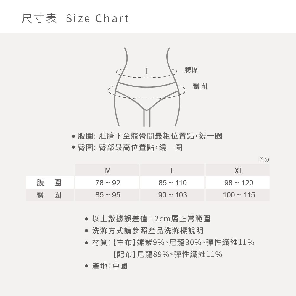 尺寸表 Size Chart腹圍臀圍腹圍:肚臍下至髖骨最粗位置點,繞一圈臀圍:臀部最高位置點,繞一圈ML85 110公分XL98 120 以上數據誤差值±2cm屬正常範圍 洗滌方式請參照產品洗滌標說明 材質:【主布】嫘縈9%、尼龍80%、彈性纖維11%【配布】尼龍89%、彈性纖維11% 產地:中國