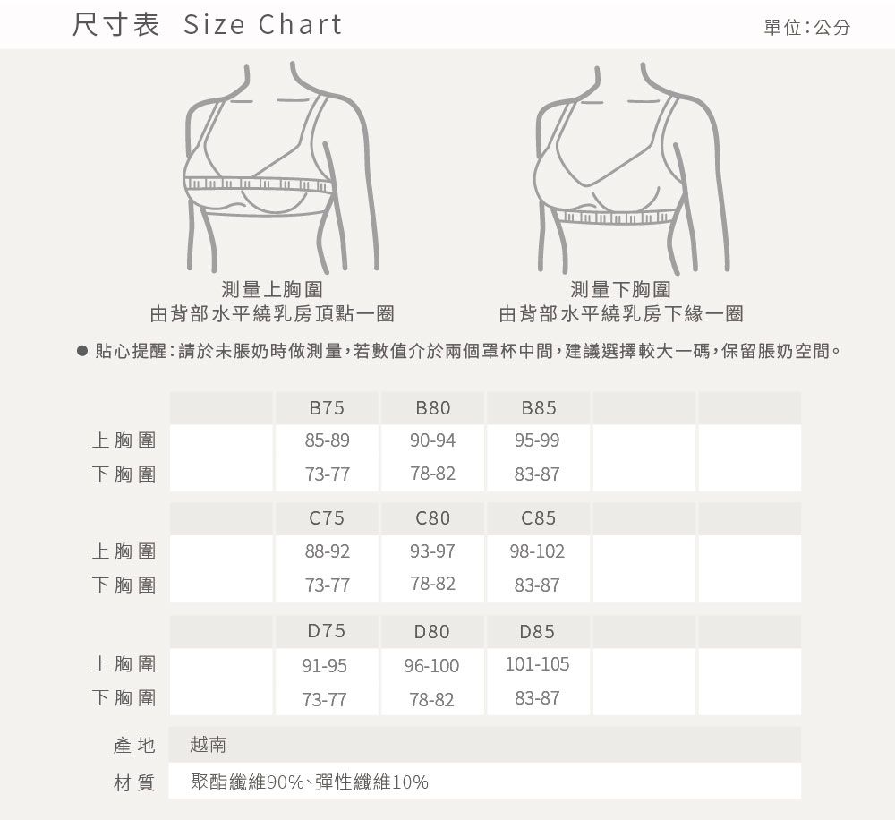 尺寸表 Size Chart單位:公分測量上胸圍測量下胸圍由背部水平繞乳房頂點一圈由背部水平繞乳房下緣一圈 貼心提醒:請於未脹奶時做測量,若數值介於兩個罩杯中間,建議選擇較大一碼,保留脹奶空間。B75B80B85上胸圍85-8990-9495-99下胸圍73-7778-8283-87C75C80C85上胸圍88-9293-9798-102下胸圍73-7778-8283-87D75D80D85上胸圍91-9596-100101-105下胸圍73-7778-8283-87產地越南材質聚酯纖維90%、彈性纖維10%