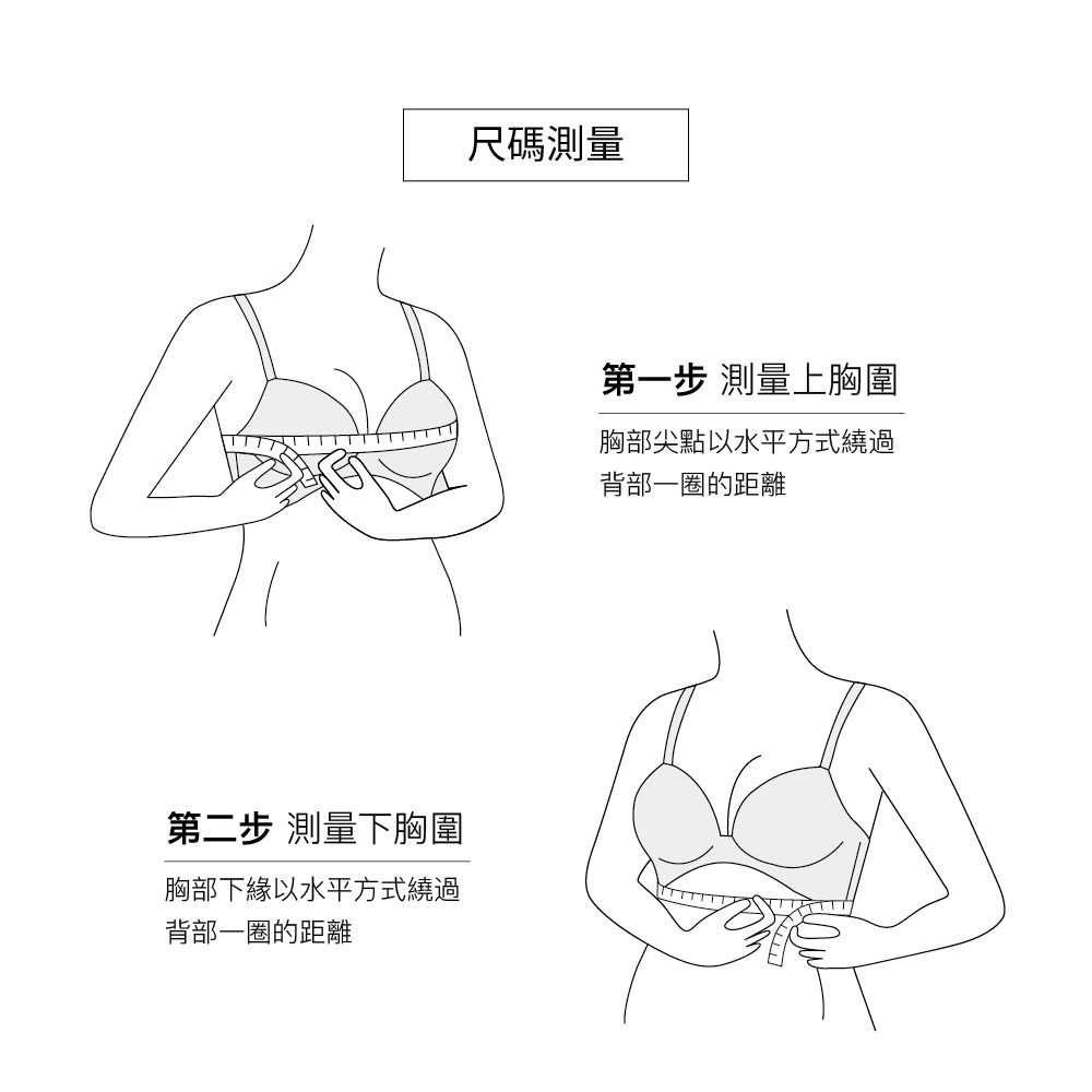 第二步 測量下胸圍胸部下緣以水平方式繞過背部一圈的距離尺碼測量第一步 測量上胸圍胸部尖點以水平方式繞過背部一圈的距離