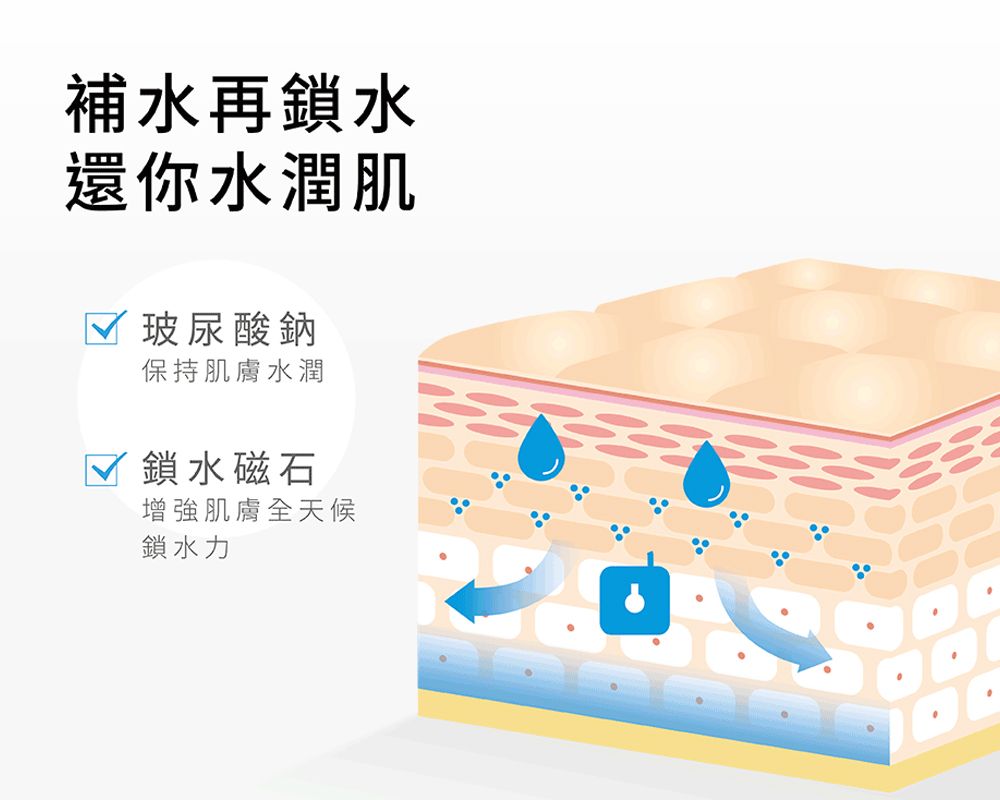 補水再鎖水還你水潤肌√ 玻尿酸鈉保持肌膚水潤 鎖水磁石增強肌膚全天候鎖水力