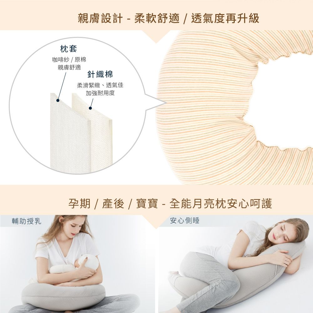 輔助授乳枕套親膚設計-柔軟舒適/透氣度再升級咖啡紗/原棉親膚舒適針織棉柔滑緊緻、透氣佳加強耐用度孕期/產後/寶寶-全能月亮枕安心呵護安心側睡