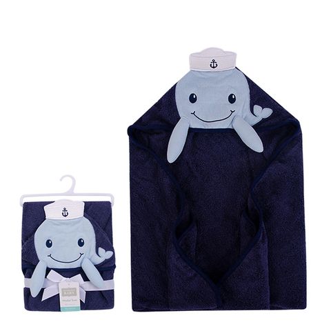 美國 luvable friends 甜蜜寶貝100% 純棉嬰幼兒動物造型連帽浴巾/包巾_藍色鯨魚(LF00346)