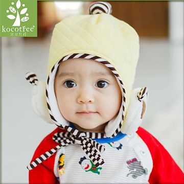 可愛小熊馬卡龍純色菱格條紋兒童保暖毛線護耳帽-黃色 ◆ 兒童毛帽 兒童保暖 帽子 毛帽 暖毛線護耳帽