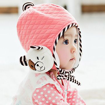 可愛小熊馬卡龍純色菱格條紋兒童保暖毛線護耳帽-粉色 ◆ 兒童毛帽 兒童保暖 帽子 毛帽 暖毛線護耳帽
