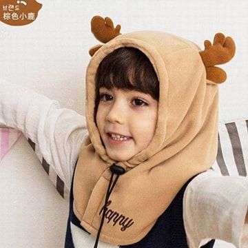 兒童保暖 保暖面罩 圍脖 口罩 帽子新款冬季兒童可愛護耳護頸套頭連帽保暖面罩-棕色小鹿