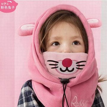 兒童保暖 保暖面罩 圍脖 口罩 帽子新款冬季兒童可愛護耳護頸套頭連帽保暖面罩-粉色兔子
