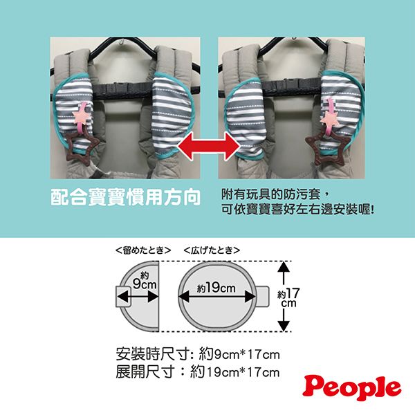 配合寶寶慣用 附有玩具的防污套,可依寶寶喜好左右邊安裝喔! 9cm約19cm約17cm安裝時尺寸:約9cm*17cm展開尺寸:約19cm*17cmPeople