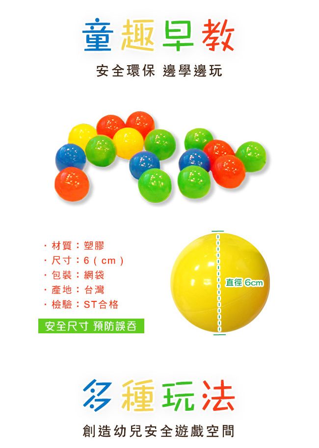 童趣早教安全環保 邊學邊玩材質:塑膠尺寸:6(cm包裝:網袋產地:台灣檢驗:ST合格安全尺寸 預防誤吞直徑6cm)多種玩法創造幼兒安全遊戲空間