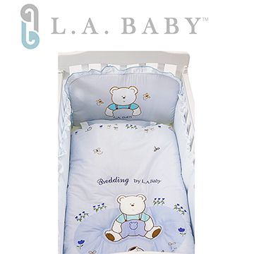 【美國 L.A. Baby】田園巴黎純棉五件式寢具組（S）（MIT 藍色）