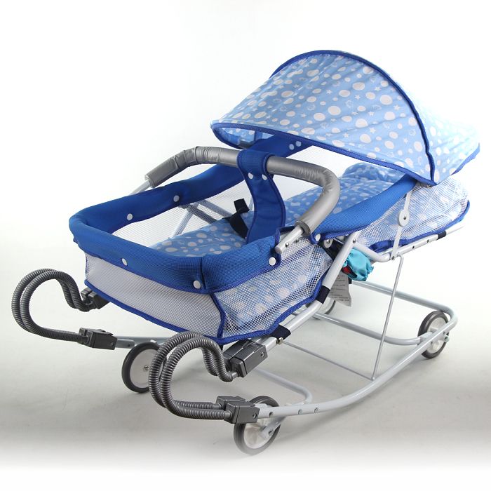 BabyBabe 〈通過國家商品檢驗合格 〉 坐躺兩用雙管加寬型彈搖床(藍圓點)
