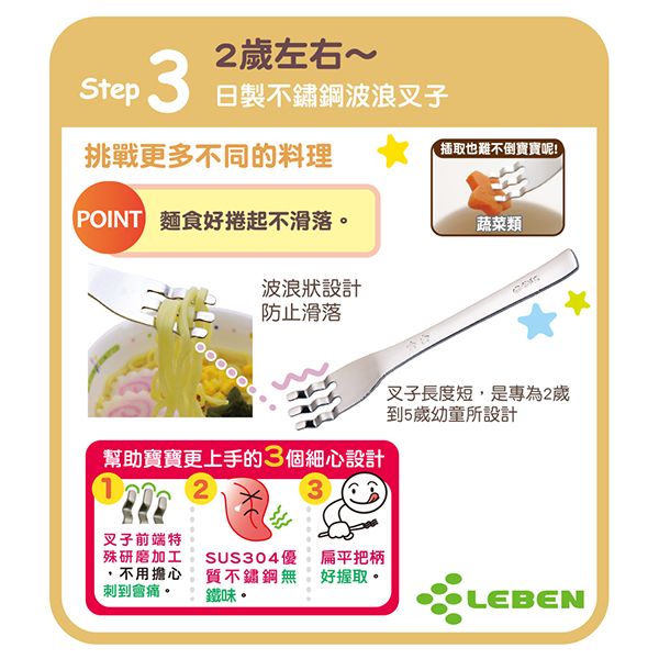 2歲左右~Step  日製不鏽鋼波浪叉子挑戰更多不同的料理插取也難不倒寶寶呢! 麵食好捲起不滑落。蔬菜類波浪設計防止滑落幫助寶寶更上手的3個細心設計叉子長度短,是專為2歲到5歲幼童所設計23叉子前端特殊研磨加工,不用擔心刺到會痛•SUS304優質不鏽鋼無鐵味扁平把柄好握取。LEBEN