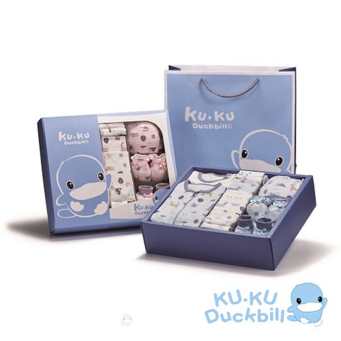 《KUKU酷咕鴨》北歐迷境森林懶人包巾豪華彌月禮盒16件組(藍/粉)