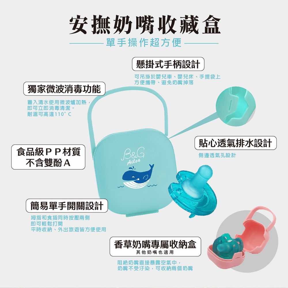 安撫奶嘴收藏盒單手操作超方便懸掛式手柄設計可吊掛於嬰兒車、嬰兒床、手提袋上方便攜帶、避免奶嘴掉落獨家微波消毒功能置入清水使用微波爐加熱即可立即消毒清潔。耐溫可高達110°C食品級PP材質不含雙酚A&amp;G貼心透氣排水設計側邊透氣孔設計簡易單手開關設計拇指和食指同時按壓兩側即可輕鬆打開平時收納、外出旅遊皆方便使用香草奶嘴專屬收納盒其他奶嘴也適用阻絕奶嘴直接暴露空氣中,奶嘴不受汙染,可收納兩個奶嘴