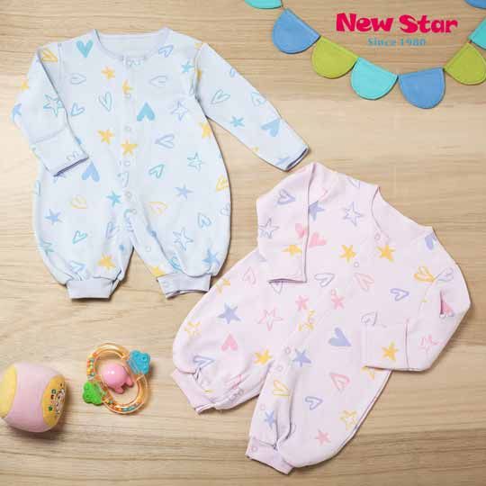 New Star 聖哥 Newstar 星星愛心 厚-100%純棉嬰兒兩穿兔衣 長袖長褲護手反摺[無甲醛無螢光劑]-藍色/粉紅色 秋冬厚款