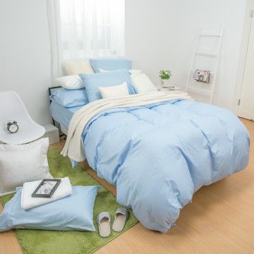鴻宇HongYew 100%精梳棉 簡約純色-水樣藍 單人床包枕套兩件組