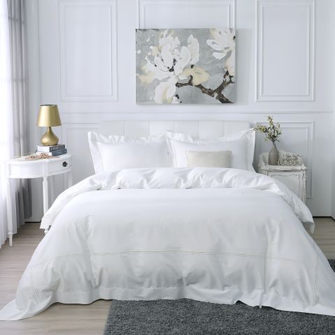 鴻宇 100%精梳棉 純色刺繡 簡約白 雙人特大四件式薄被套床包組