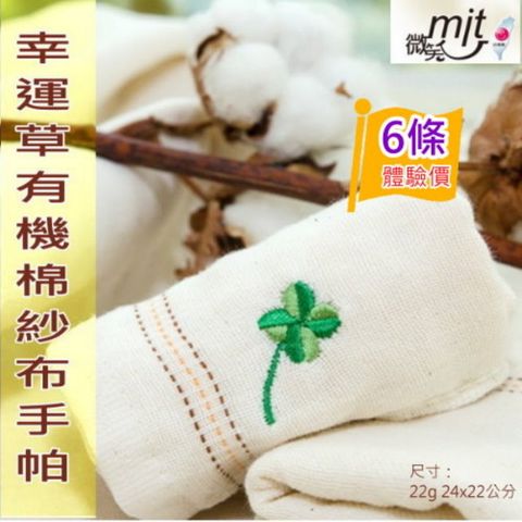 興隆毛巾 有機棉 繡幸運草棉紗小手帕巾 (6條裝)【台灣製】無染系列/雙層織造