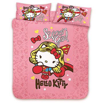 【享夢城堡】HELLO KITTY 女超人系列-精梳棉雙人床包涼被組(粉)