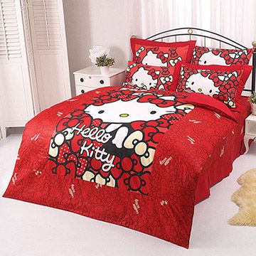 【享夢城堡】HELLO KITTY 我的Ribbon時尚系列-精梳棉雙人床包涼被組(紅)