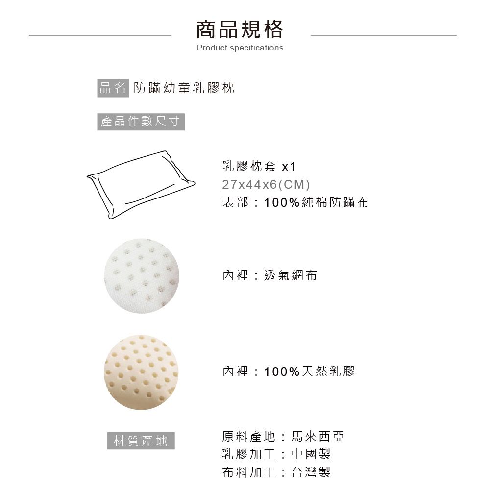 商品規格Product specifications品名 防蹣幼童乳膠枕產品件數尺寸乳膠枕套 27x44x6CM)表部:100%純棉防蹣布內裡:透氣網布內裡:100%天然乳膠材質產地原料產地:馬來西亞乳膠加工:中國製布料加工:台灣製