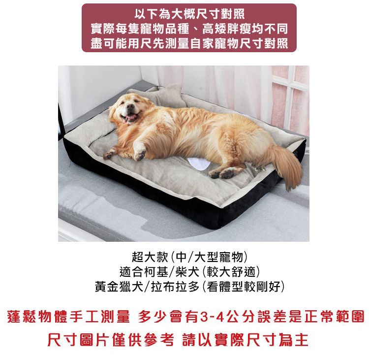 以下為大概尺寸對照實際每隻寵物品種、高矮胖瘦均不同盡可能用尺先測量自家寵物尺寸對照超大款(中/大型寵物)適合柯基/柴犬(較大舒適)黃金獵犬/拉布拉多(看體型較剛好)蓬鬆物體手工測量 多少會有3-4公分誤差是正常範圍尺寸圖片僅供 請以實際尺寸為主