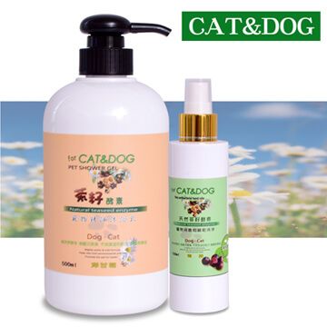 CAT&DOG 茶籽酵素寵物精油沐浴乳500ml(洋甘菊)+乾洗手噴霧150ml(青檸)