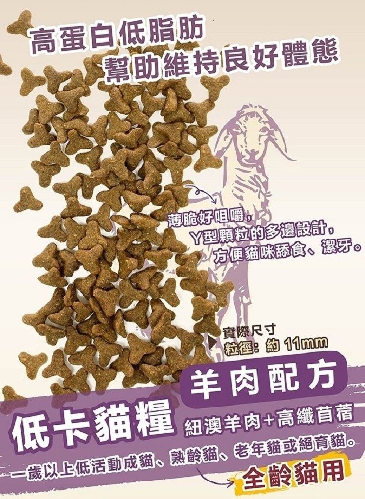 高蛋白低脂肪幫助維持良好體態薄脆好咀嚼 Y型顆粒的多邊設計。方便貓咪舔食潔牙。實際尺寸:11mm羊肉配方低卡貓糧紐澳羊肉+高纖苜蓿一歲以上低活動成貓、熟齡貓、老年貓或絕育貓。全齡貓用