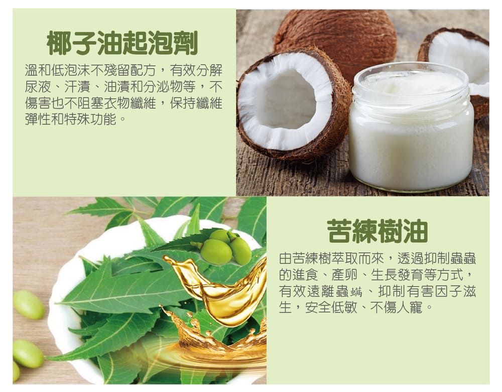 椰子油起泡劑溫和低泡沫不殘留配方,有效分解尿液、汗漬、油漬和分泌物等,不傷害也不阻塞衣物纖維,保持纖維彈性和特殊功能。苦練樹油由苦練樹萃取而來,透過抑制蟲蟲的進食、產卵、生長發育等方式,有效遠離蟲、抑制有害因子滋生,安全低敏、不傷人寵。