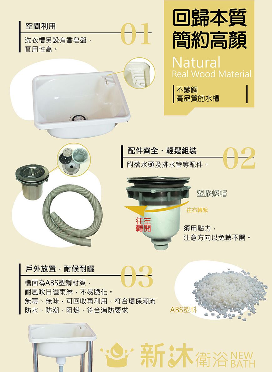 空間利用洗衣槽另設有香皂盤實用性高戶外放置耐候耐曬槽面為ABS塑鋼材質,耐風吹日曬雨淋,不易脆化回歸本質簡約高顏NaturalReal Wood Material不鏽鋼高品質的水槽配件齊全、輕鬆組裝附落水頭及排水管等配件塑膠螺帽往右轉緊往左轉開須用點力,注意方向以免轉不開。無毒、無味,可回收再利用,符合環保潮流防水、防潮、阻燃,符合消防要求ABS塑新衛浴料