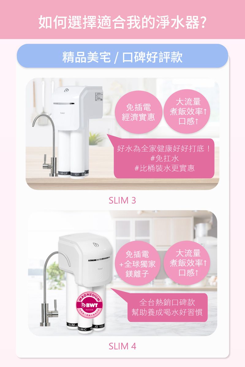如何選擇適合我的淨水器?精品美宅/口碑好評款-UF101 免插電經濟實惠大流量煮飯效率口感|好水為全家健康好好打底!#免扛水#比桶裝水更實惠SLIM 3免插電+全球獨家大流量煮飯效率G 103鎂離子口感 全台熱銷口碑款幫助養成喝水好習慣LIM-CSLIM 4