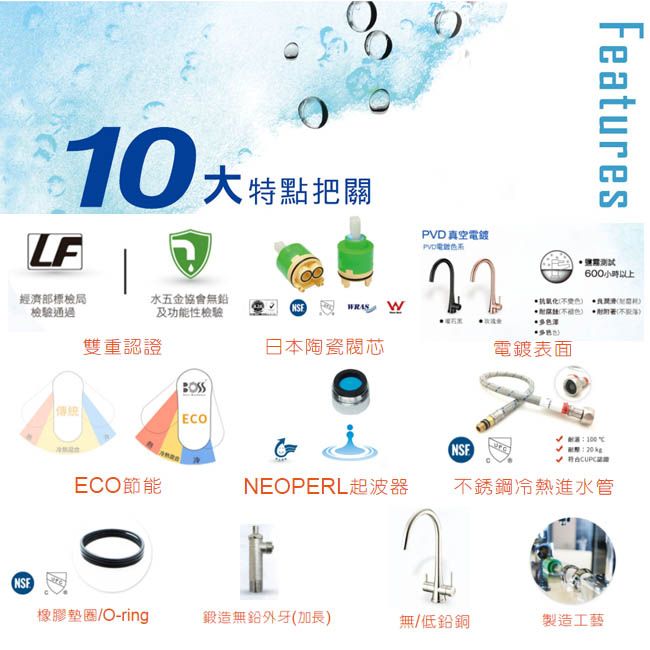 10大特點把關經濟部標檢局檢驗通過水五金協會及功能性檢驗雙重認日本陶瓷閥芯BOSSECOPVD 真空Features600小時以上氧化 )電鍍表面NSF證ECO節能NEOPERL起波器不銹鋼冷熱進水管NSF橡膠墊圈O-ring鍛造無鉛外牙(加長)無/低鉛銅製造工藝