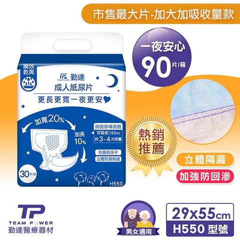 【勤達】成人尿片-夜用型加寬加長、立體防漏、瞬效乾爽-(共90片)30片X3包/箱