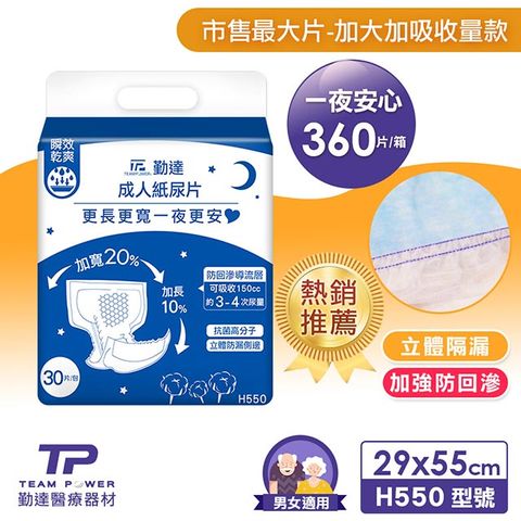【勤達】夜用型替換式成人紙尿片(立體防漏隔邊)(共360片)30片x12包/箱