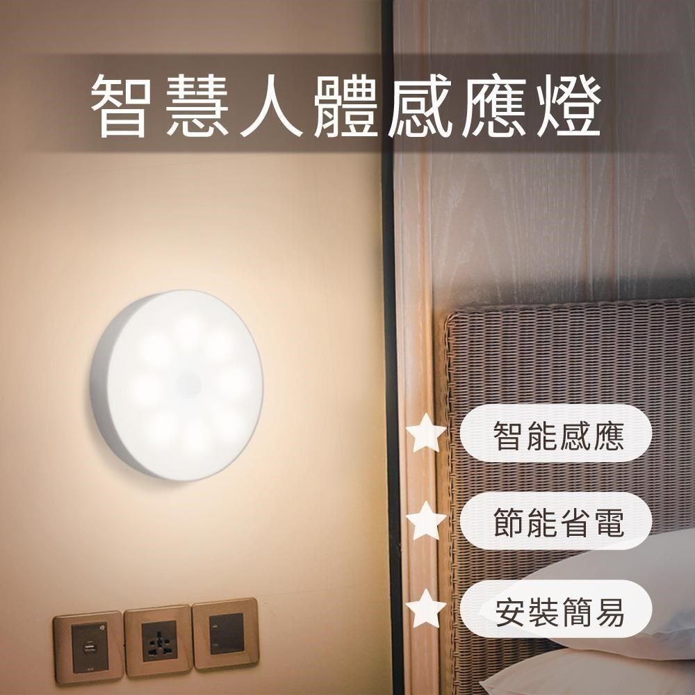  【南紡購物中心】 智慧人體感應燈 人體紅外線感應 USB充電式 附磁鐵貼片小夜燈 床頭燈 走道燈